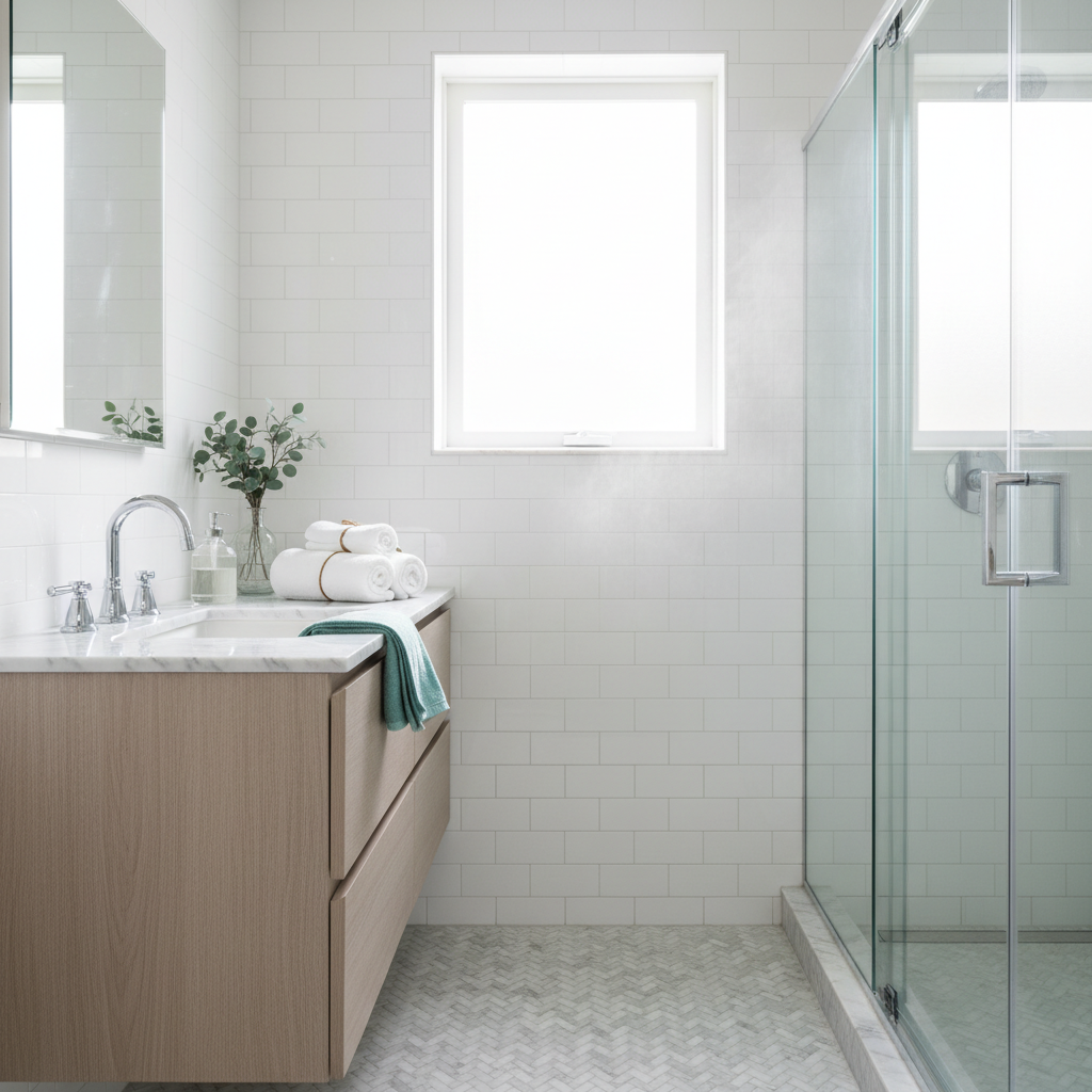 Immaculate spa-like bathroom with white tile and polished chrome fixtures.