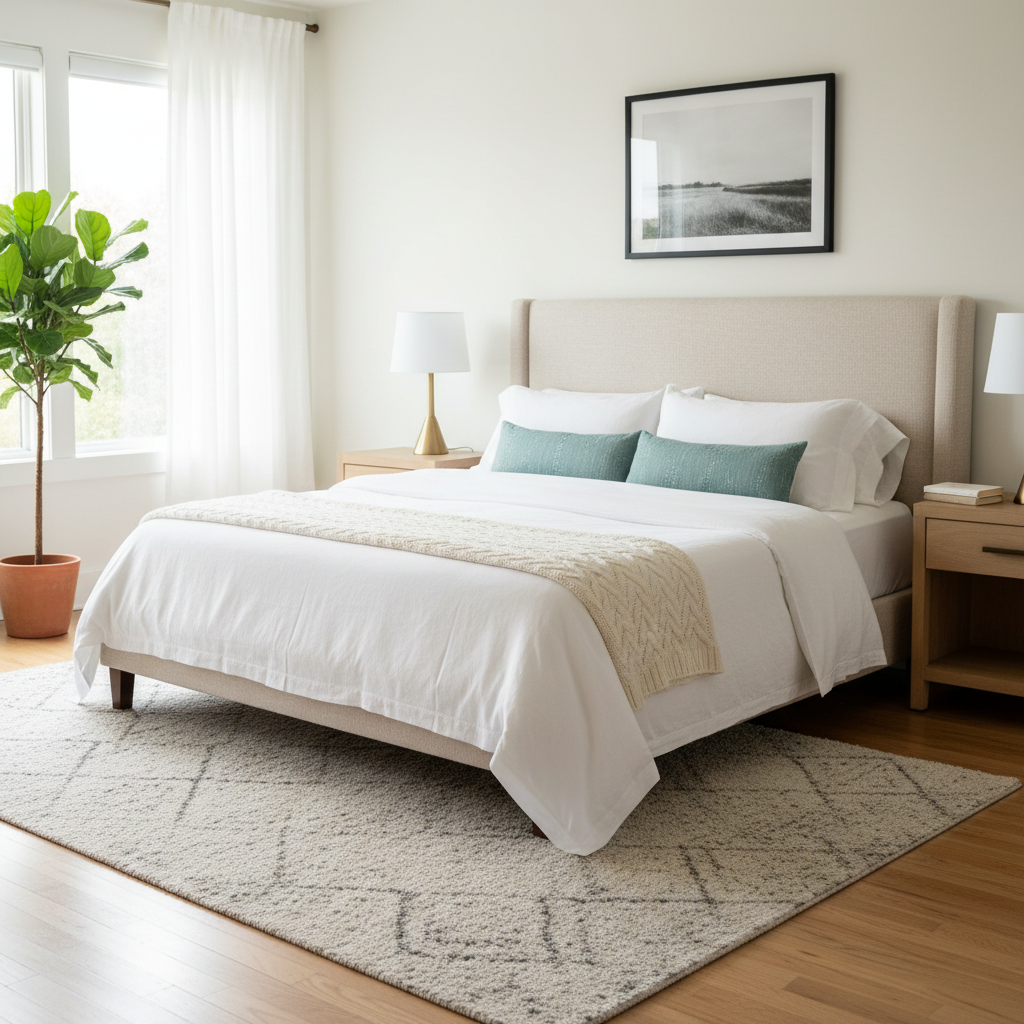 Perfectly made master bedroom with crisp white linens.