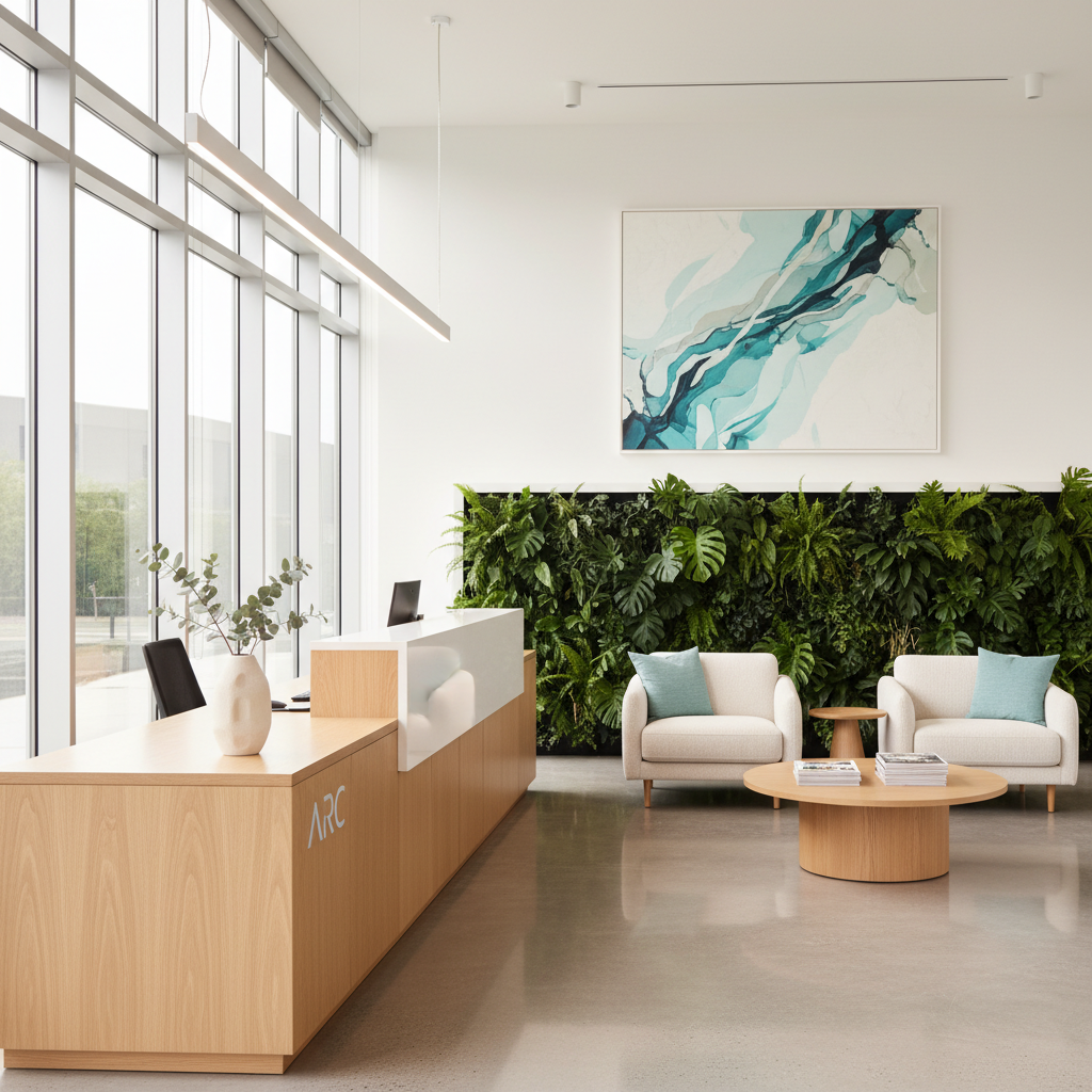 Pristine commercial office reception with polished floors and plant wall.