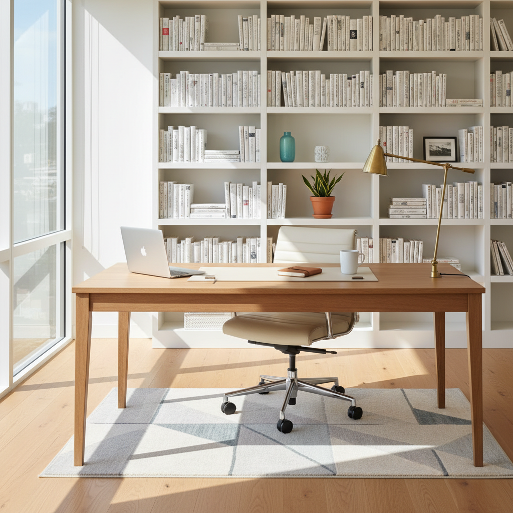 Tidy home office with oak desk and organized bookshelf.