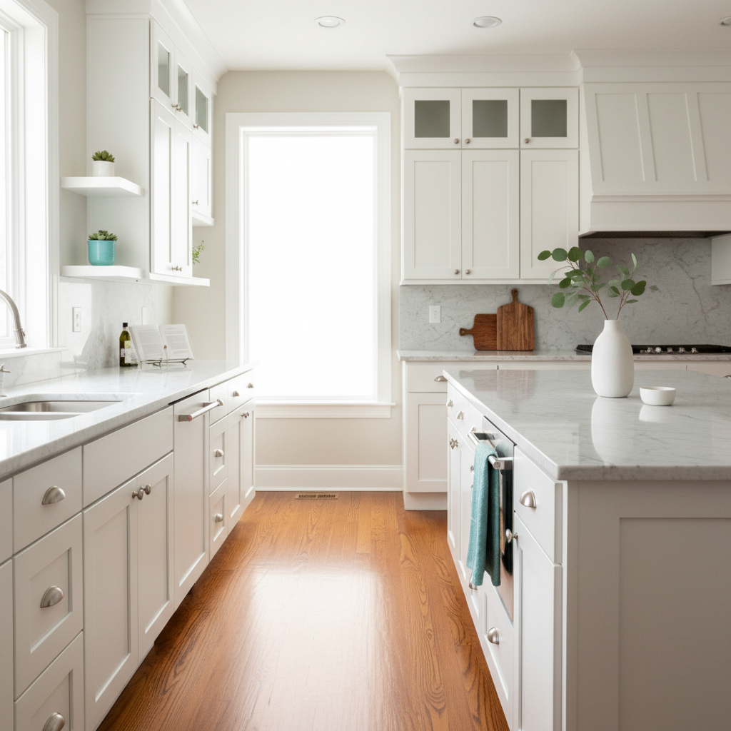 Sparkling clean modern kitchen with white cabinets and marble countertops.