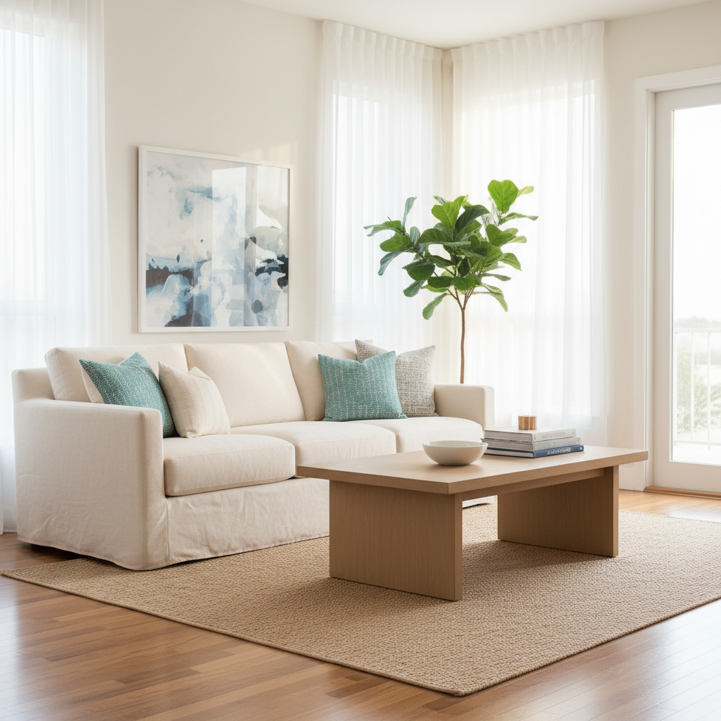 Spotless bright living room with cream sofa and fresh natural light.