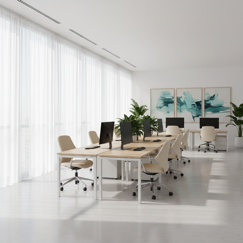Modern open-plan office with clean desks and plants