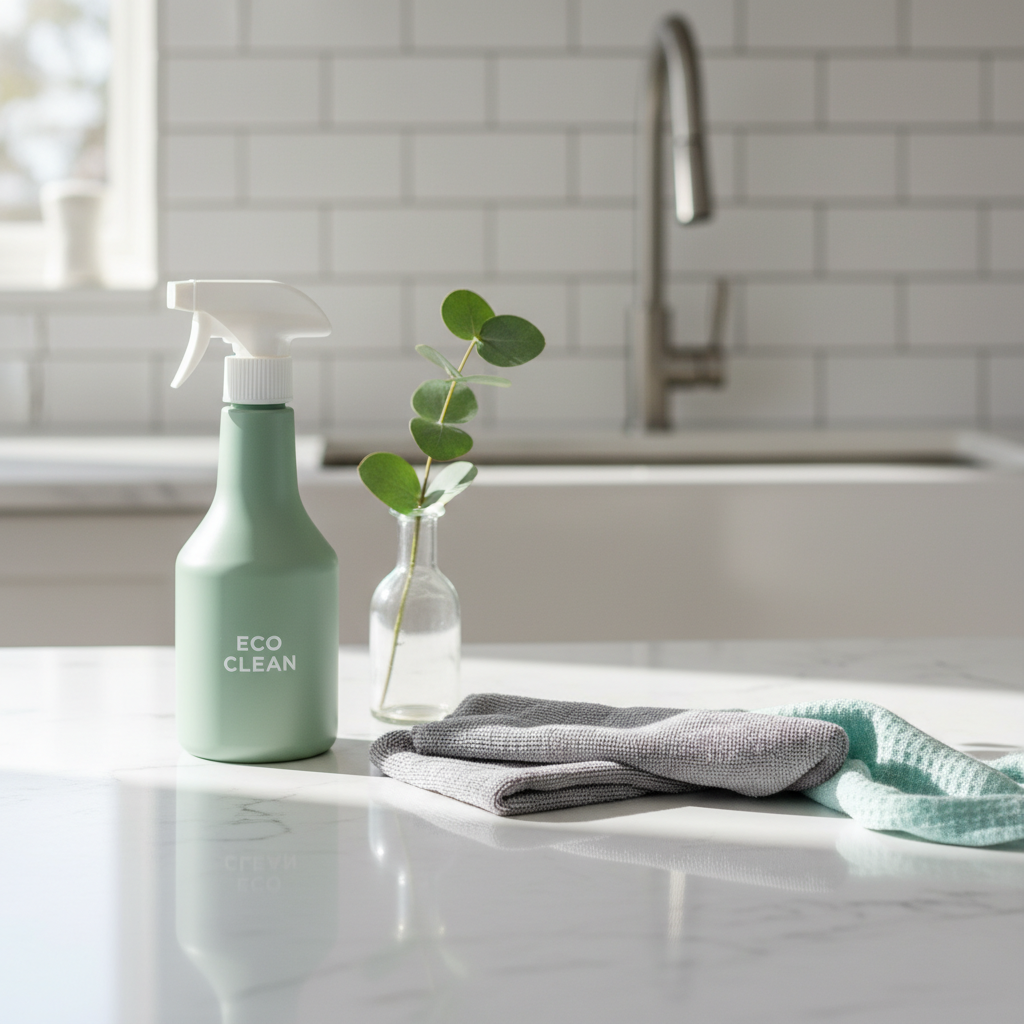 Close-up of polished marble counter with eco-cleaner and cloth