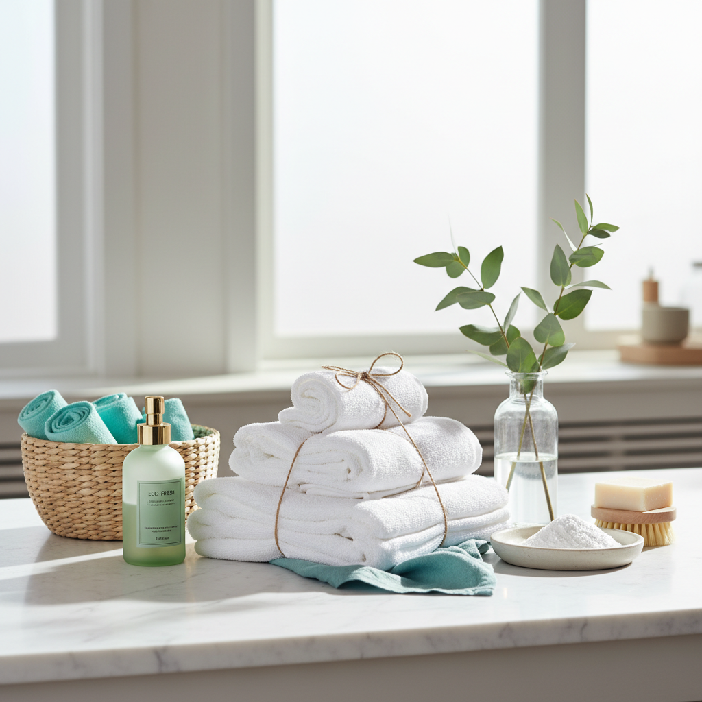 Neatly arranged eco-friendly cleaning supplies, folded towels, eucalyptus, and a woven basket on a light marble surface.